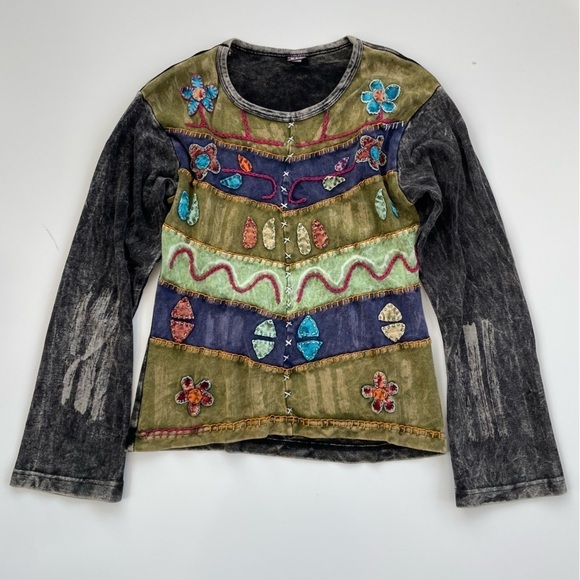 KPC Women's Moss Green Gray Artsy Boho Patchwork Long sleeve Top Size Medium - Picture 1 of 8